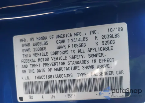 2010 Honda Accord 2.4 Ex-L from USA, damaged, VIN 1HGCS1B87AA004396